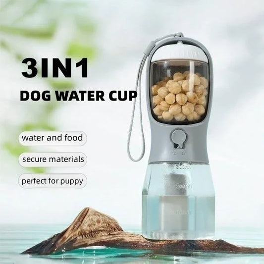 3-in-1 Portable Dog Water Bottle - Water, Food & Poop Bag Holder for Walks & Travel