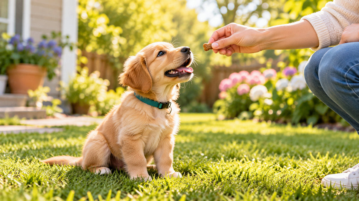 Golden retriever puppy being rewarded outdoors during potty training