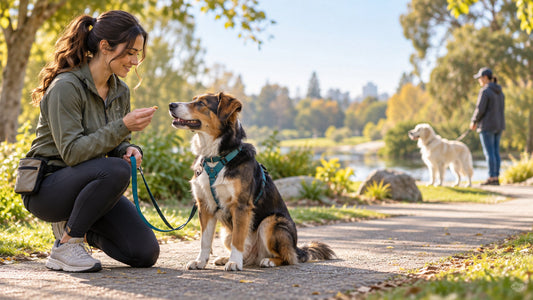 Handler rewarding a calm dog in a park while another dog stays at a comfortable distance