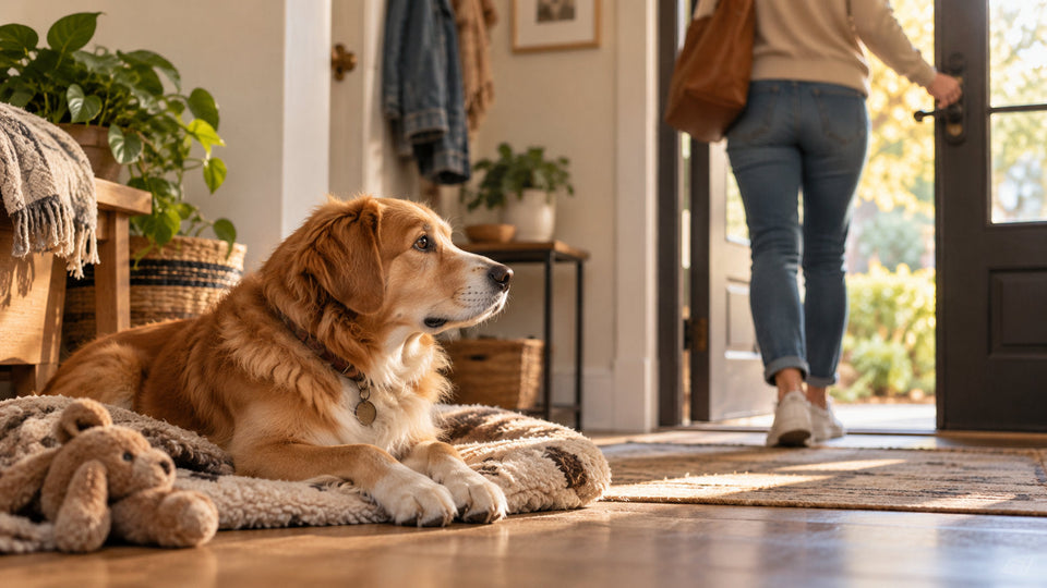 Golden retriever resting calmly on a bed as its owner leaves home