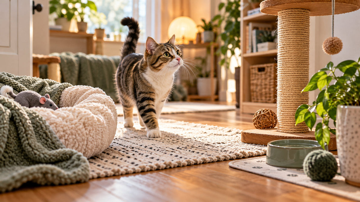 Curious tabby cat exploring a calm pet-friendly room in its new home
