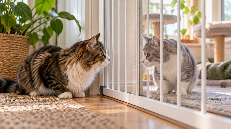 Two cats meeting gently through a safety gate in a quiet home