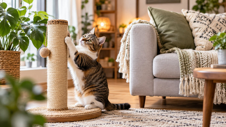 Happy tabby cat scratching a tall sisal post next to a sofa