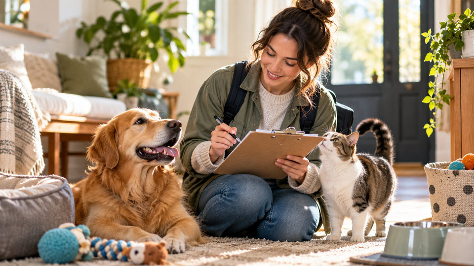 Caregiver making a daily routine checklist for a golden retriever and a cat in a cozy home