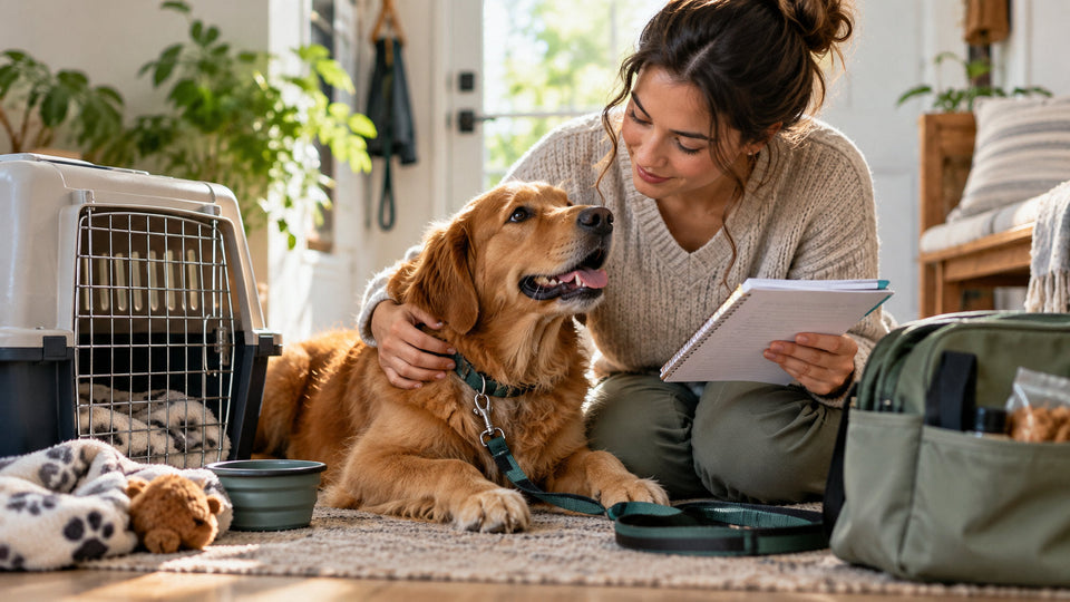 Pet owner preparing a dog's veterinary visit notes beside a carrier