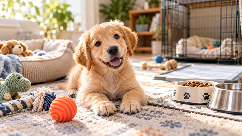Happy golden retriever puppy near its crate, food bowls and toys