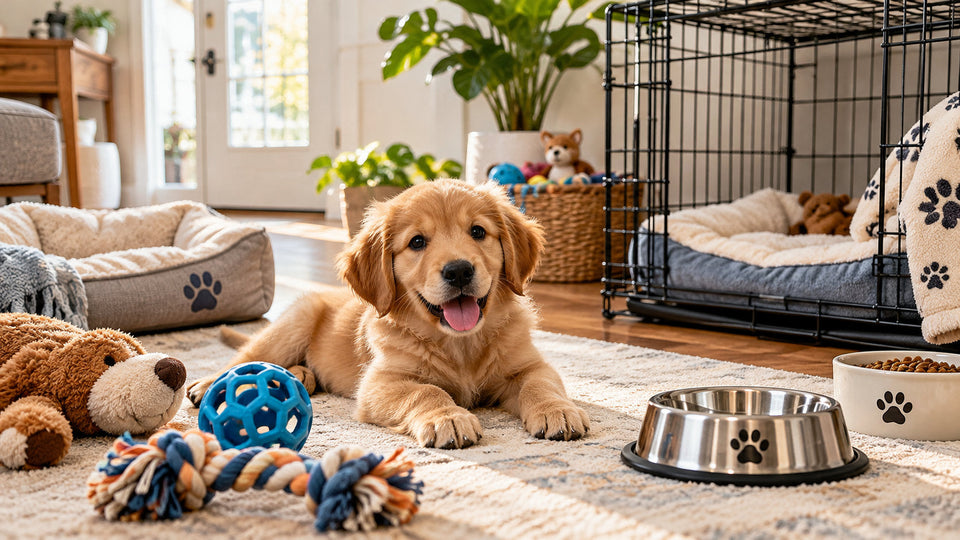 Happy young golden retriever puppy near food and water bowls at home