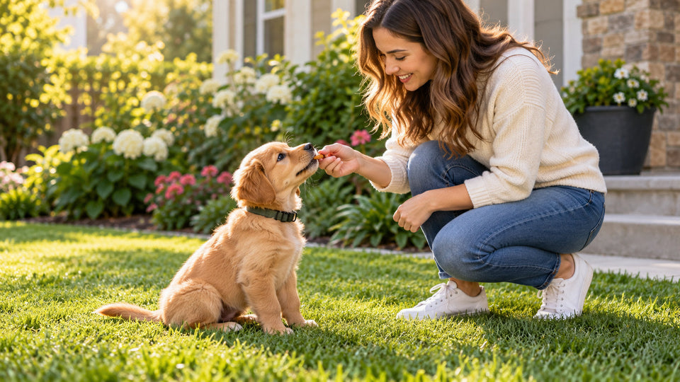 Golden retriever puppy learning calmly with its owner outside