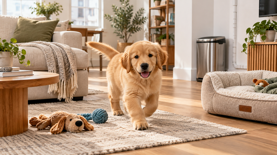 Golden retriever puppy exploring a bright, carefully puppy-proofed apartment