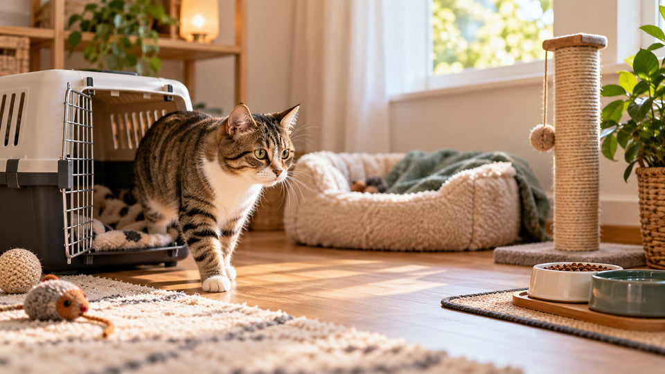 Cat exploring a quiet room with an open carrier