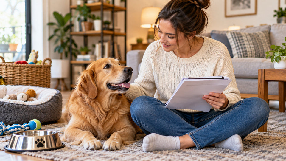 Pet caregiver making behavior and daily routine notes beside a dog