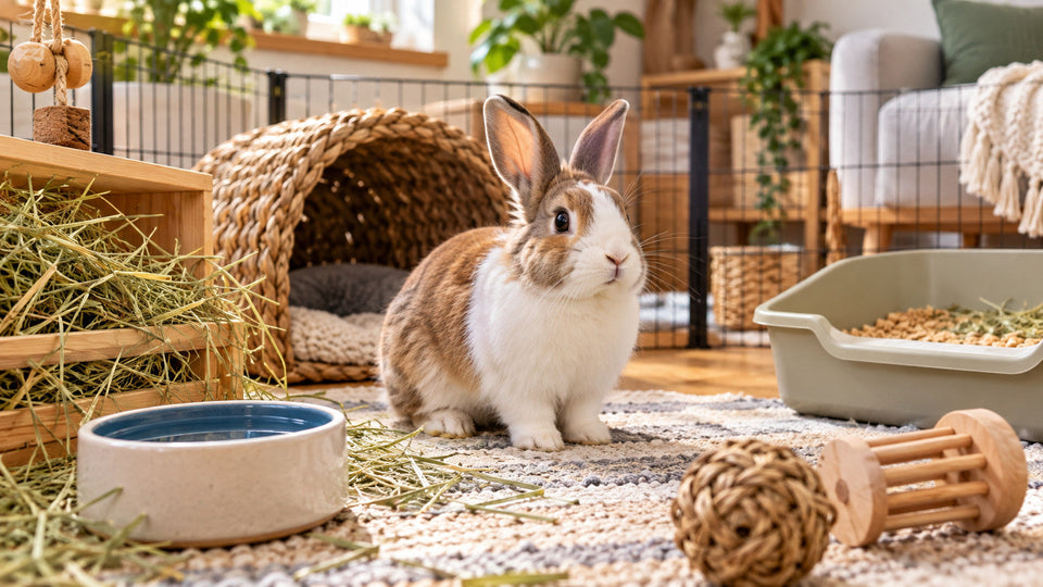 Brown and white rabbit beside fresh hay and water in a safe indoor feeding area