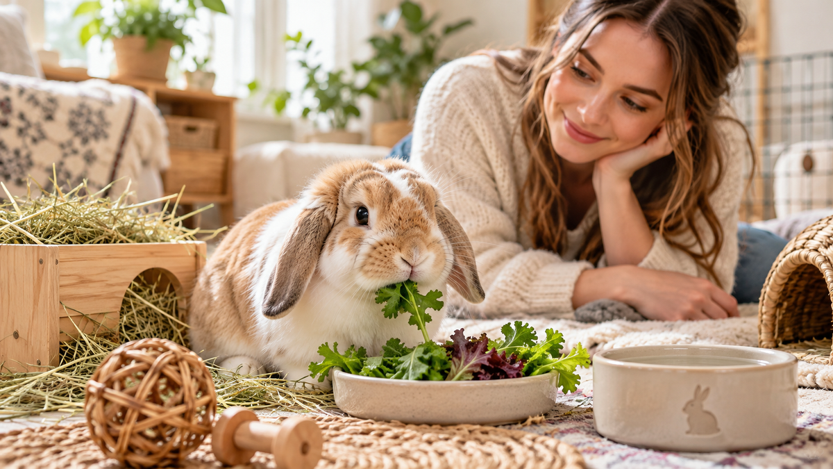 Brown-and-white lop rabbit having greens beside fresh hay and water while its caregiver watches in a calm indoor home