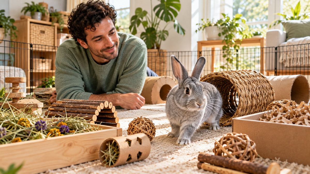 Silver-gray upright-eared rabbit exploring a spacious indoor activity area while a male caregiver watches nearby
