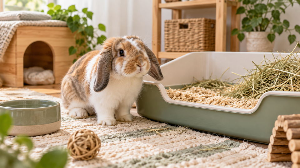 Brown-and-white lop rabbit beside a large low-entry litter box with hay in a calm indoor rabbit area