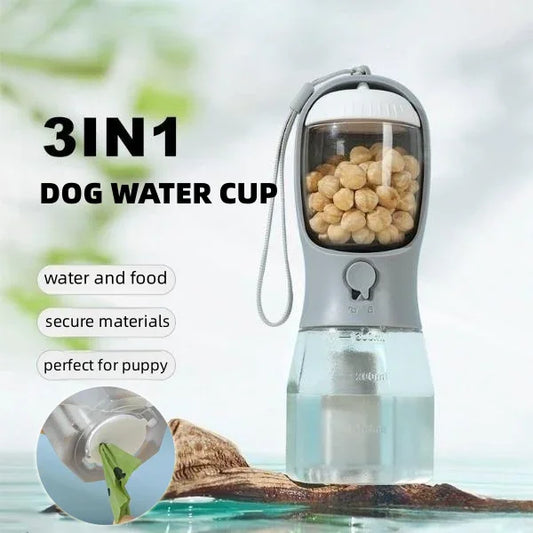 3-in-1 Portable Dog Water Bottle - Water, Food & Poop Bag Holder for Walks & Travel