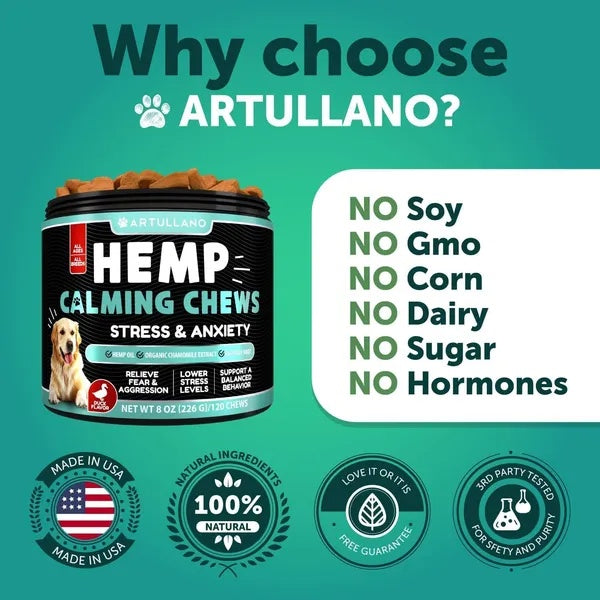 Hemp Calming Chews for Dogs - Anxiety Relief Treats with Hemp Oil, Turmeric, Valerian & Ginger (120 Count)