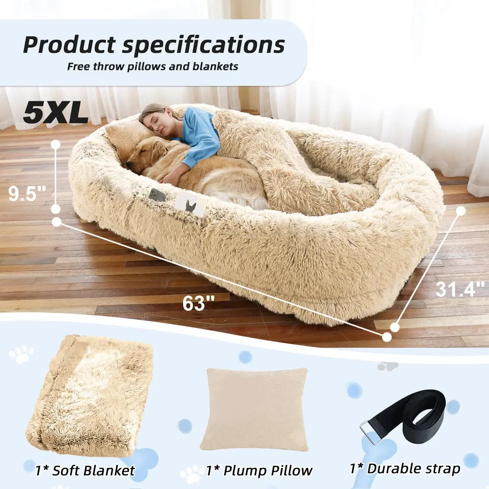 Human Dog Bed Large - Washable Faux Fur Orthopedic for People & Pets with Pillow, Blanket & Strap