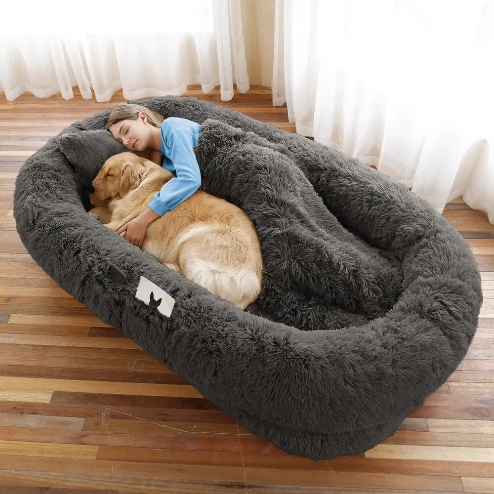 Human Dog Bed Large - Washable Faux Fur Orthopedic for People & Pets with Pillow, Blanket & Strap