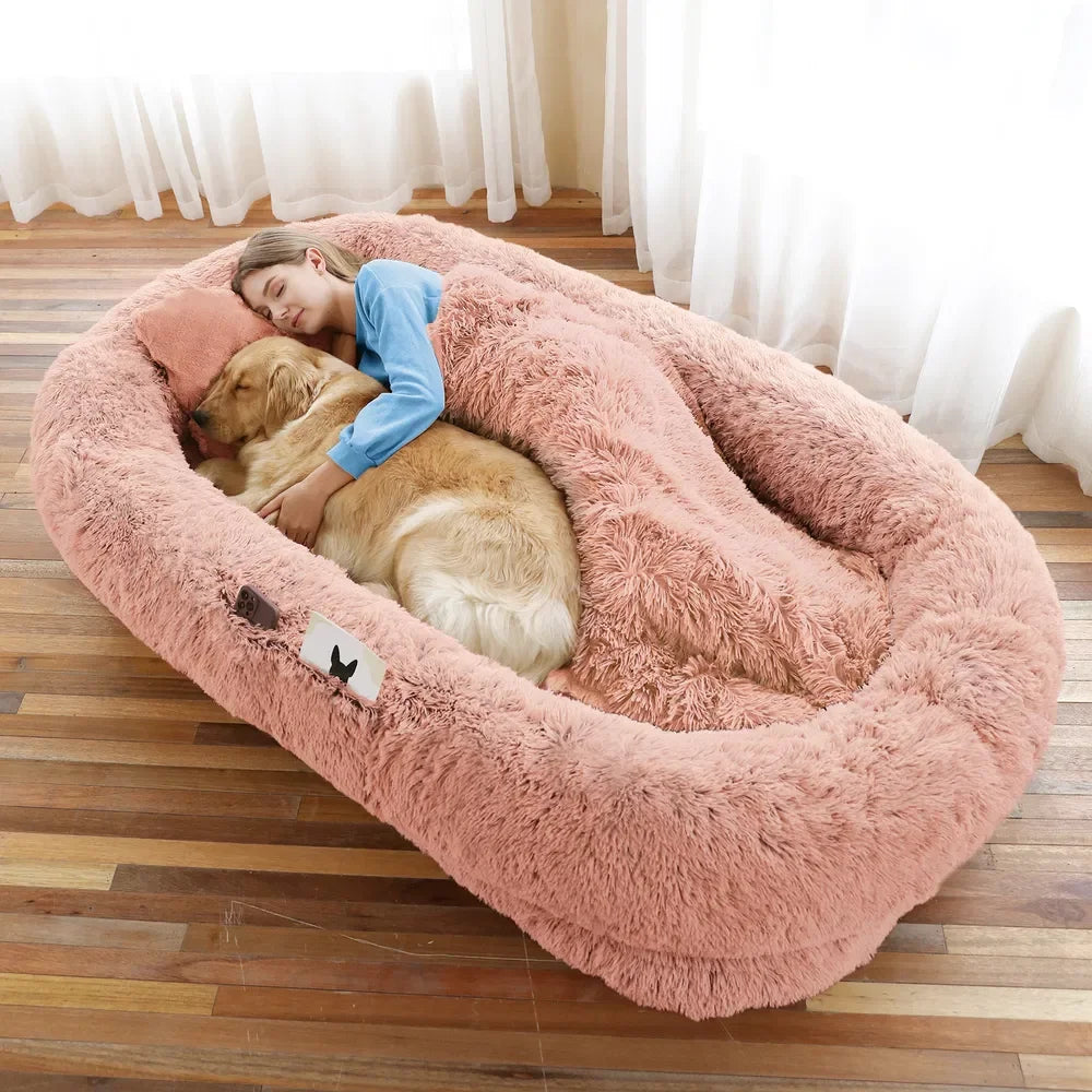 Human Dog Bed Large - Washable Faux Fur Orthopedic for People & Pets with Pillow, Blanket & Strap