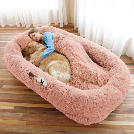 Human Dog Bed Large - Washable Faux Fur Orthopedic for People & Pets with Pillow, Blanket & Strap
