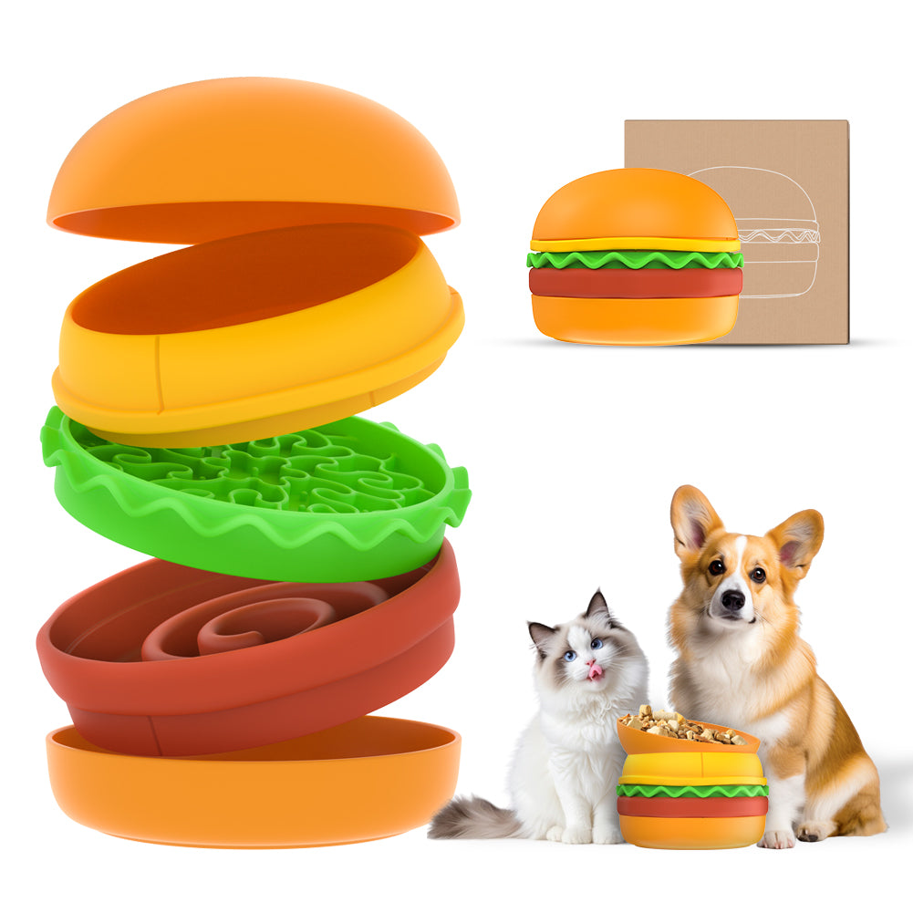 Hamburger 5-in-1 Pet Bowl Set - Multi-Layer Slow Feeder & Water Bowl for Cats & Dogs