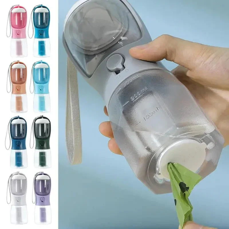 3-in-1 Portable Dog Water Bottle - Water, Food & Poop Bag Holder for Walks & Travel