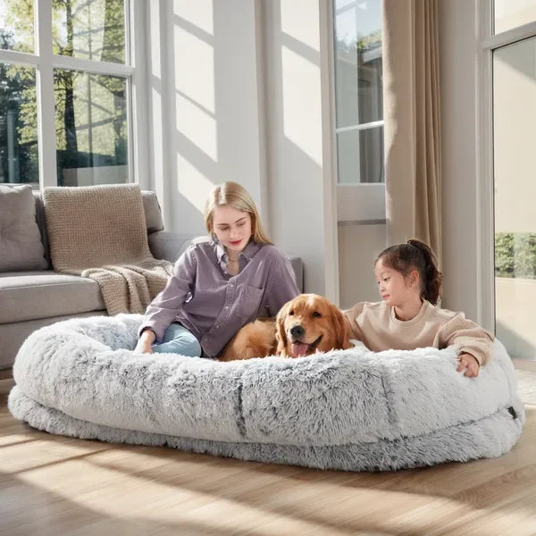 Human Dog Bed Large - Washable Faux Fur Orthopedic for People & Pets with Pillow, Blanket & Strap