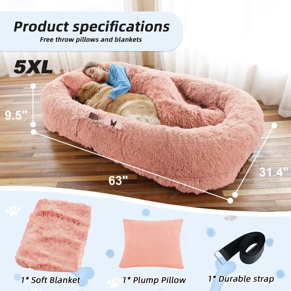 Human Dog Bed Large - Washable Faux Fur Orthopedic for People & Pets with Pillow, Blanket & Strap