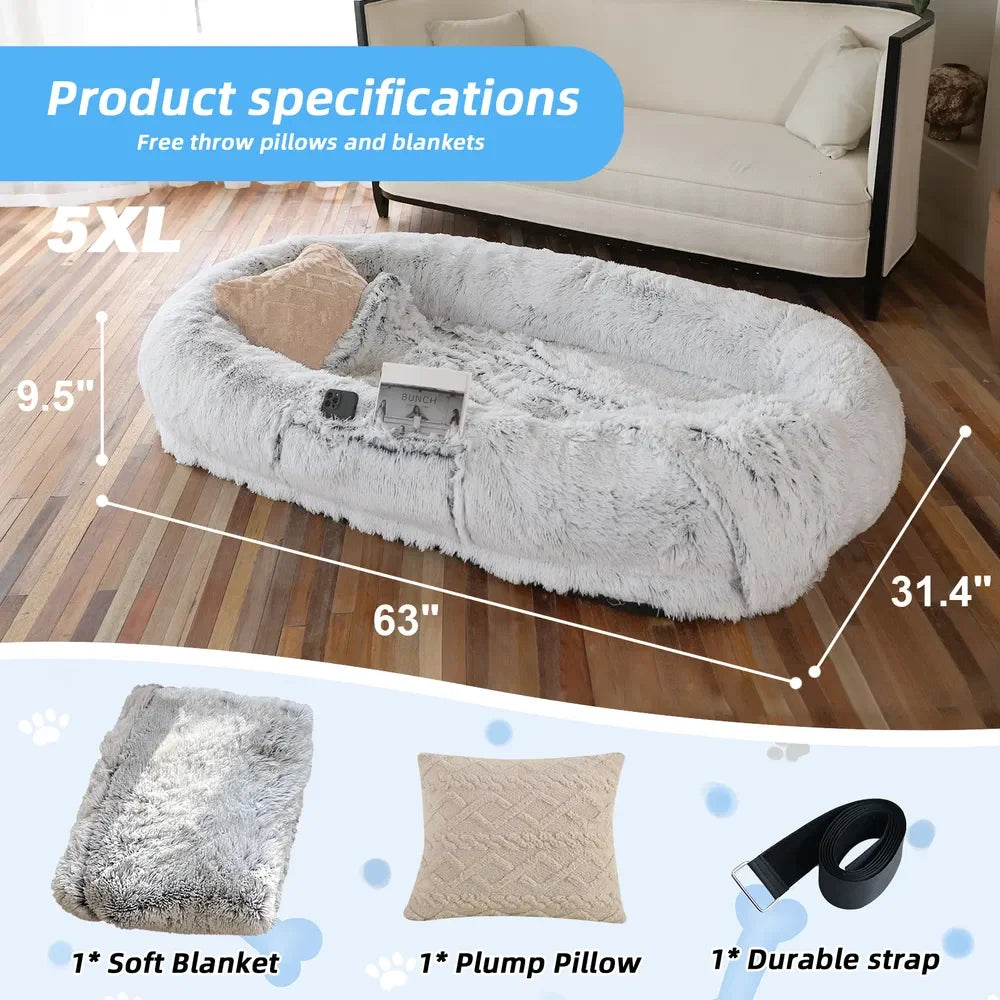 Human Dog Bed Large - Washable Faux Fur Orthopedic for People & Pets with Pillow, Blanket & Strap