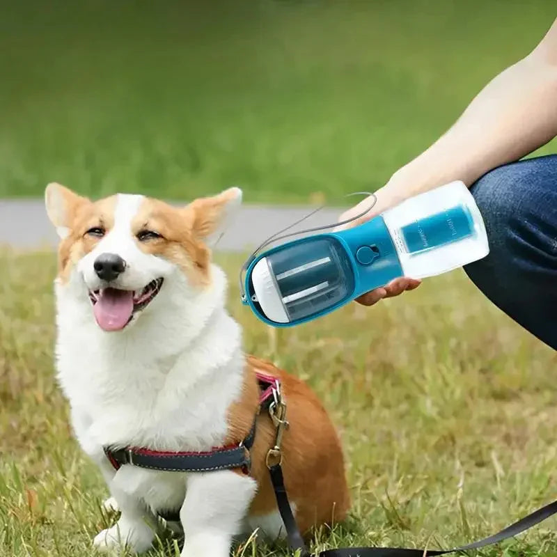 3-in-1 Portable Dog Water Bottle - Water, Food & Poop Bag Holder for Walks & Travel