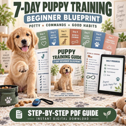 7-Day Puppy Guide beginner training steps including potty routines, positive commands and daily progress