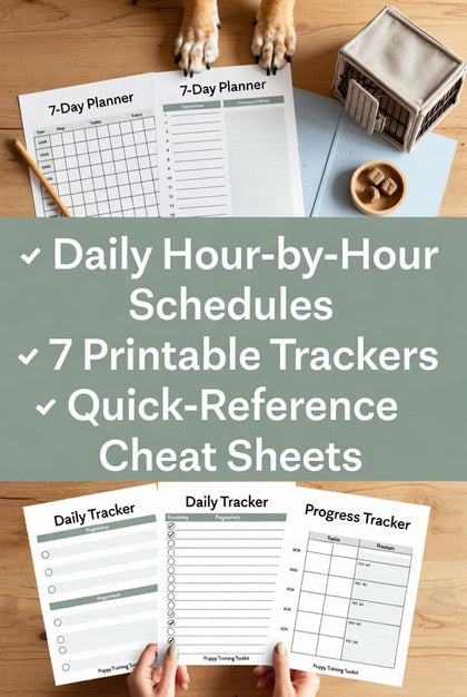 Example puppy training daily habit and progress tracker printable worksheets displayed with a puppy