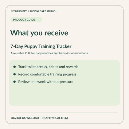 Information card for 7-Day Puppy Training Tracker: Elite Daily Habit Log & Behavior Dashboard (PDF): verified contents and digital download format