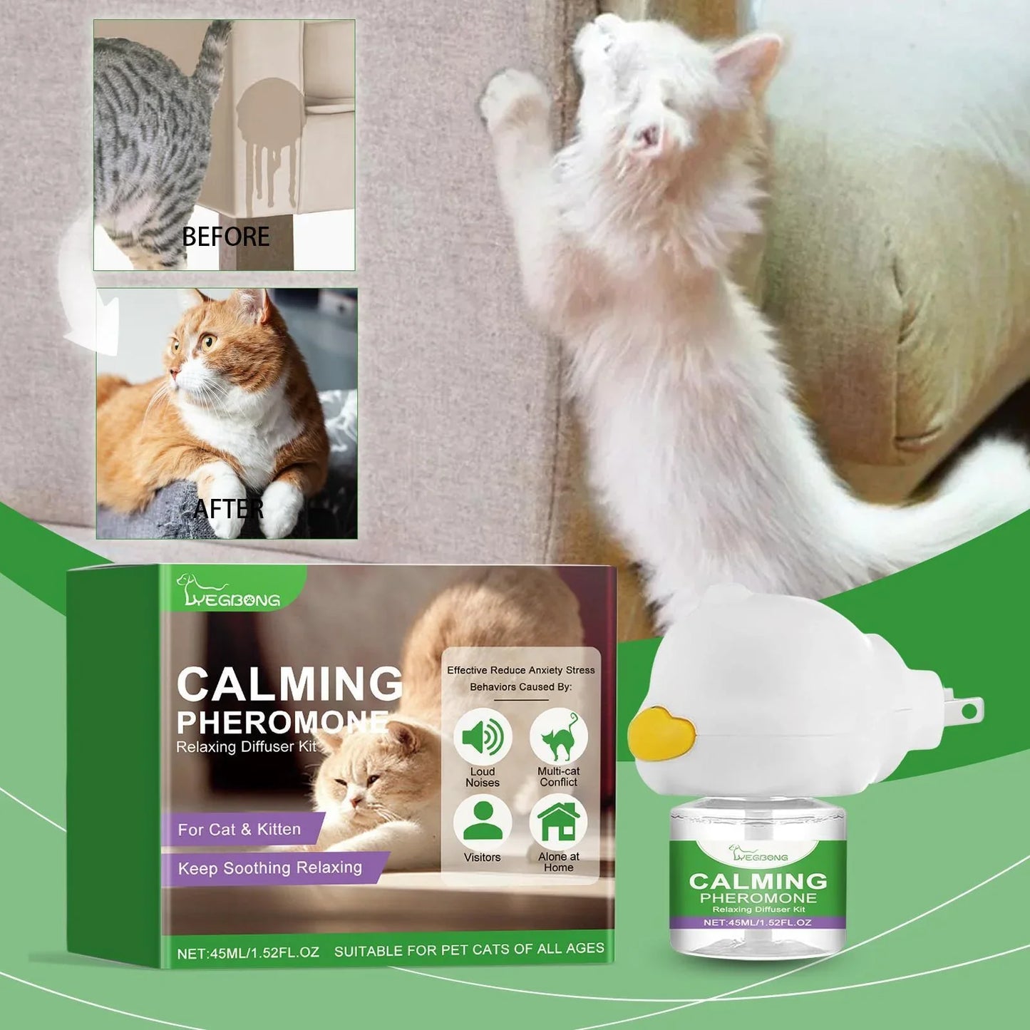Yegebang Cat Emotional Care Set - Calming Diffuser & Liquid for Estrus, Anxiety & Mood Relief