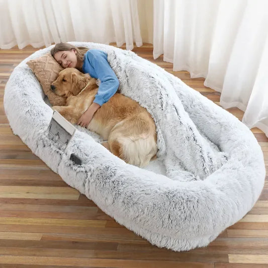 Human Dog Bed Large - Washable Faux Fur Orthopedic for People & Pets with Pillow, Blanket & Strap