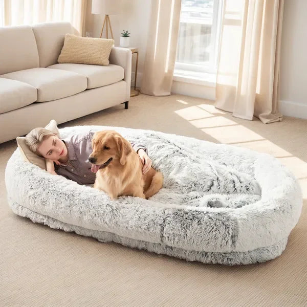 Human Dog Bed Large - Washable Faux Fur Orthopedic for People & Pets with Pillow, Blanket & Strap