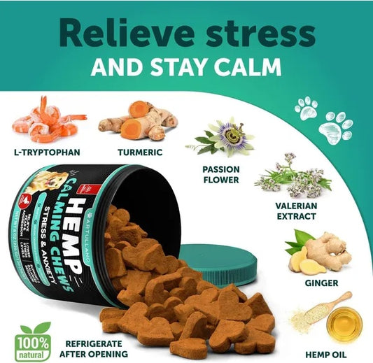 Hemp Calming Chews for Dogs - Anxiety Relief Treats with Hemp Oil, Turmeric, Valerian & Ginger (120 Count)