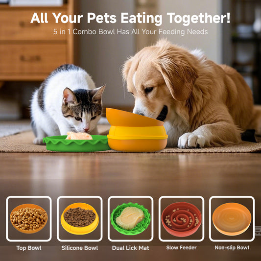Hamburger 5-in-1 Pet Bowl Set - Multi-Layer Slow Feeder & Water Bowl for Cats & Dogs