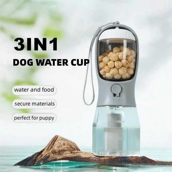 3-in-1 Portable Dog Water Bottle - Water, Food & Poop Bag Holder for Walks & Travel