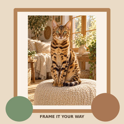 Bengal cat printable wall art shown in a warm neutral framed interior