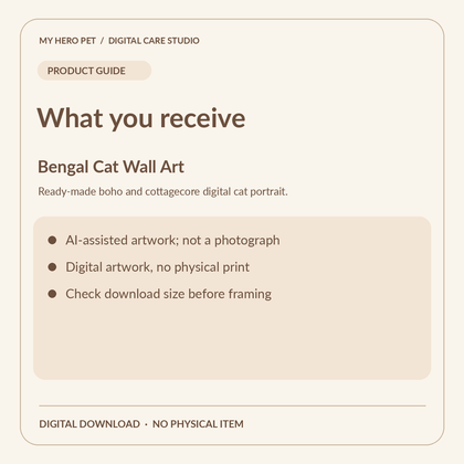 Information card for Bengal Cat Wall Art: verified contents and digital download format