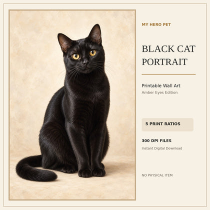 Black cat printable wall art premium listing cover with amber golden eyes and five print ratios