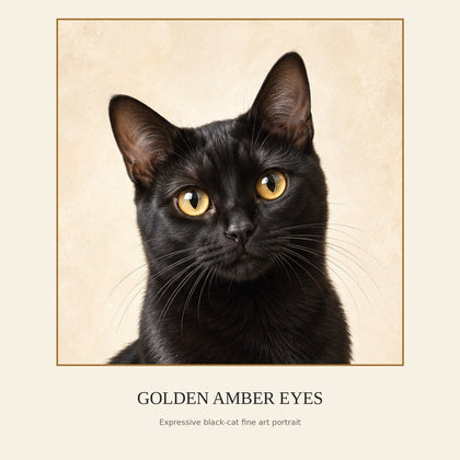 Close-up of fictional black cat portrait artwork showing warm golden amber eyes