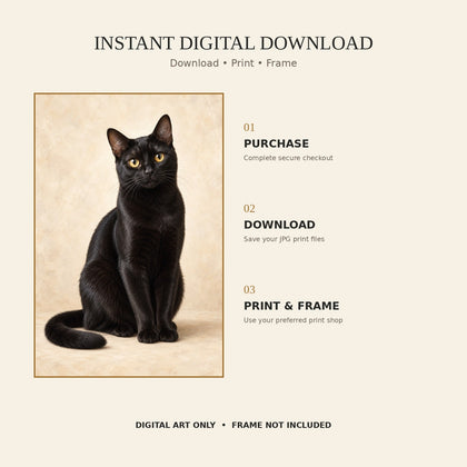 Black cat wall art instant digital download with three steps to print and frame