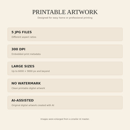 Details of five large JPG print files at 300 DPI with AI artwork disclosure