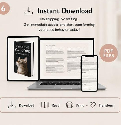 Cat Behavior Guide instant digital PDF shown across laptop, tablet and phone; digital download
