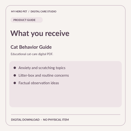 Information card for Cat Behavior Guide: contents and verified format