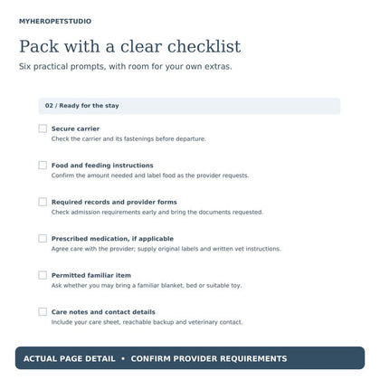 Cat Boarding Prep Kit actual printable packing checklist and instructions