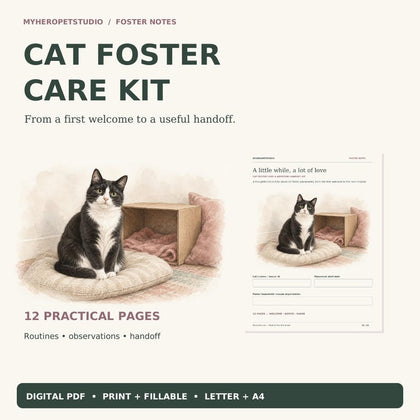 Cat Foster Care Planner digital PDF preview showing 12 pages and a cat profile page
